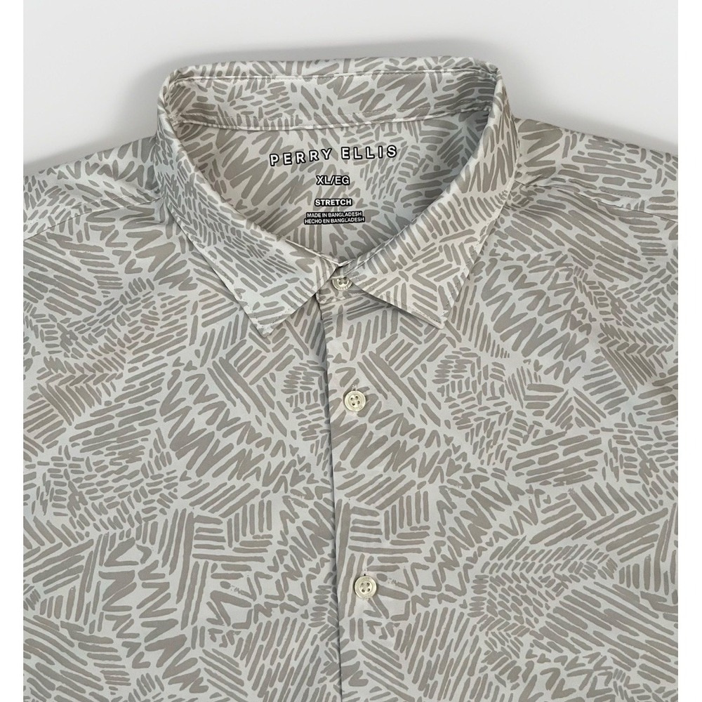 Perry Ellis Shirt Mens XL White And Tan Abstract‎ Short Sleeve Stretch Button Up